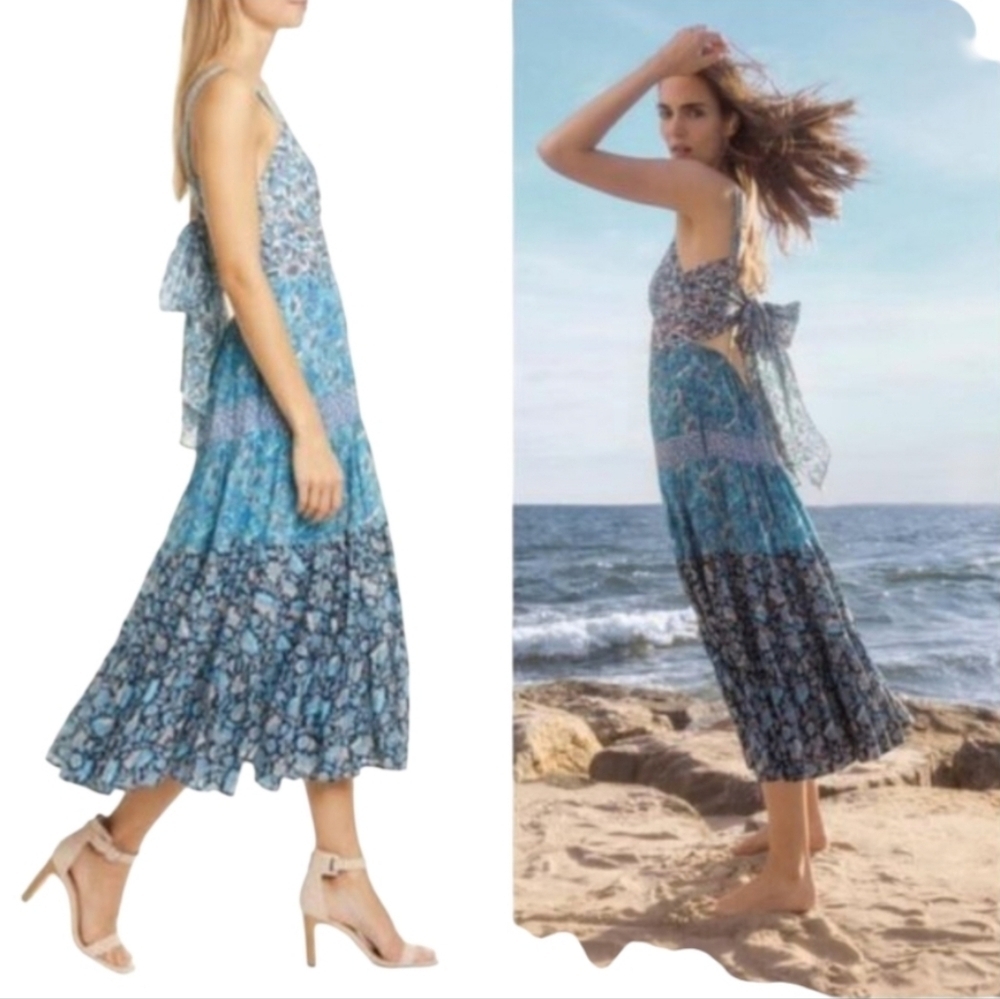 Rebecca Taylor La Vie Print Mix Floral Tie Back Boho Midi Dress In Blue Sz XL - Picture 4 of 12
